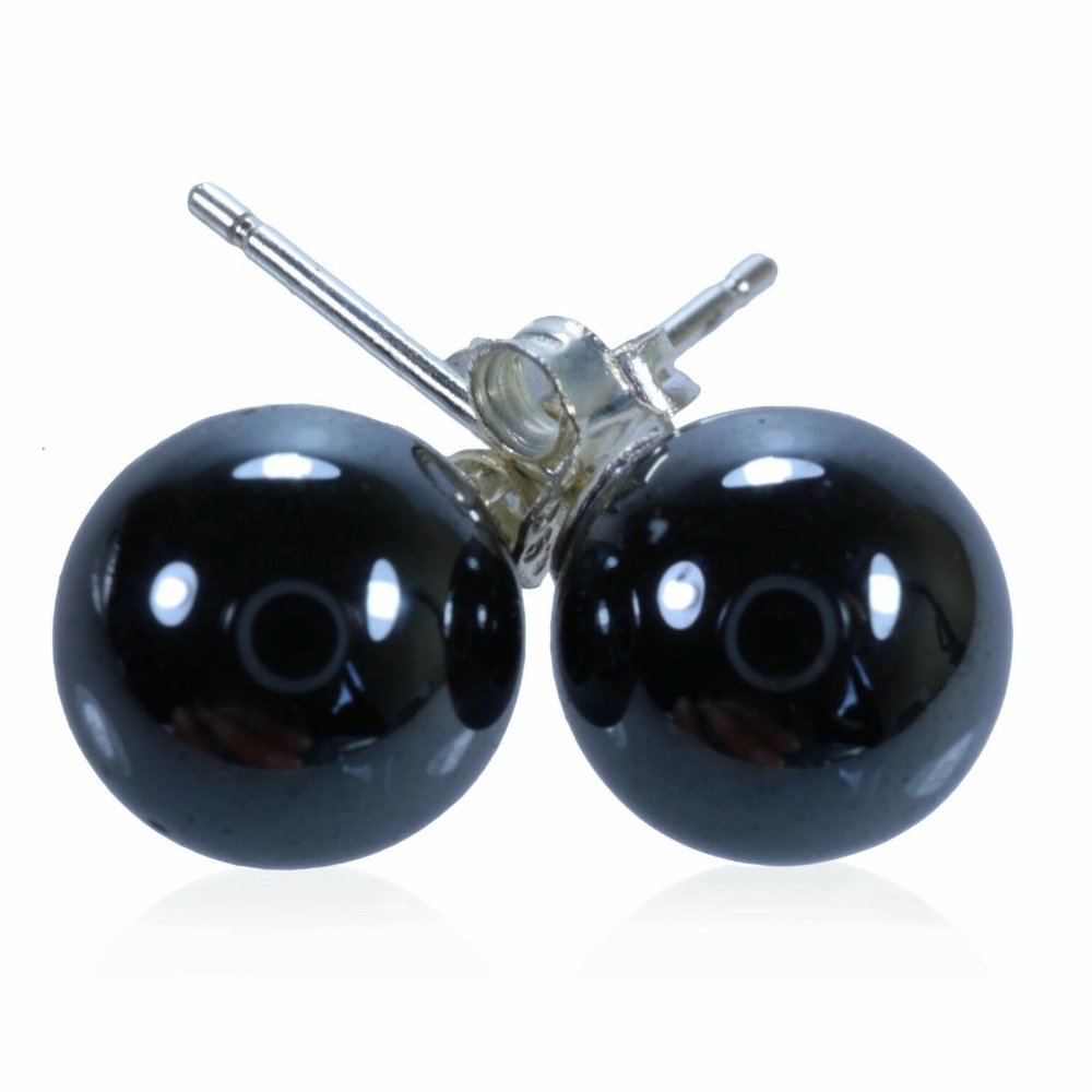 Genuine .925 Sterling Silver 10mm Round Hematite Ball Stud Earrings